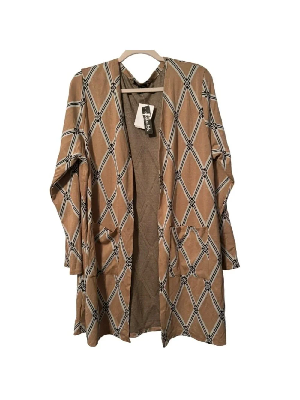 Olivia Blu Womens Long Sleeve Open Front Cardigan With Pockets 1X Beige & Black - Picture 1 of 12